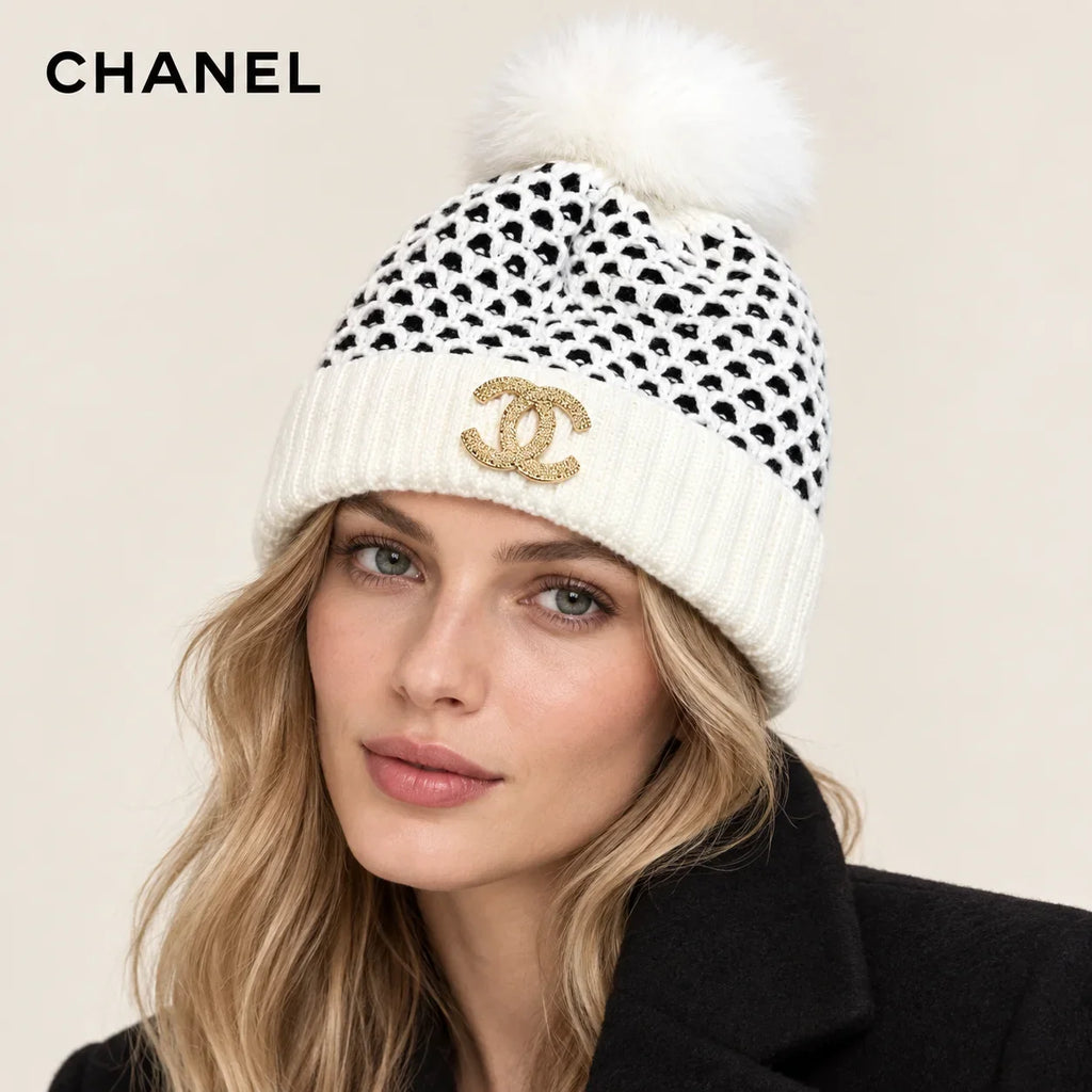 Chanel hat worn by a female model, showing the hat shape and detailing.