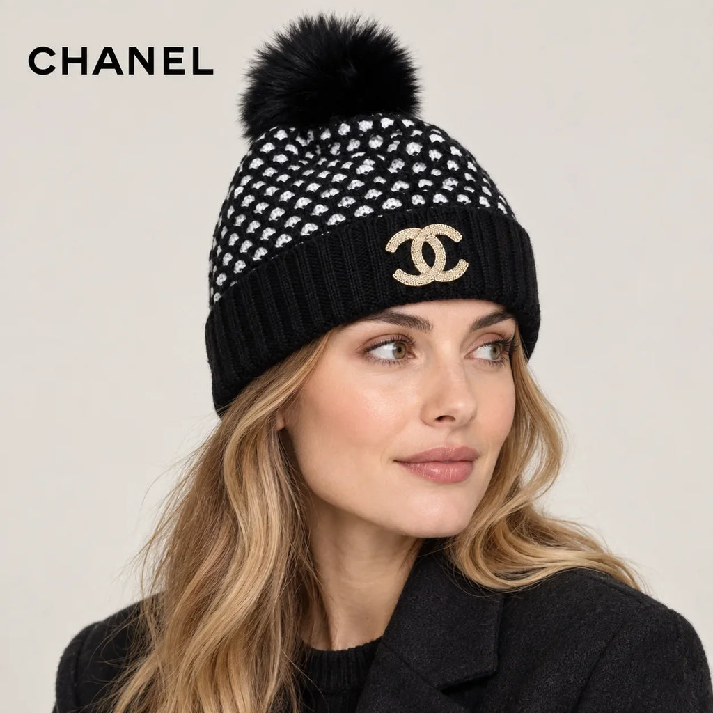 Chanel hat worn by a female model, showing the hat shape and detailing.