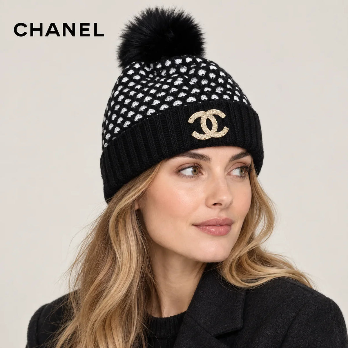 Chanel hat worn by a female model, showing the hat shape and detailing.