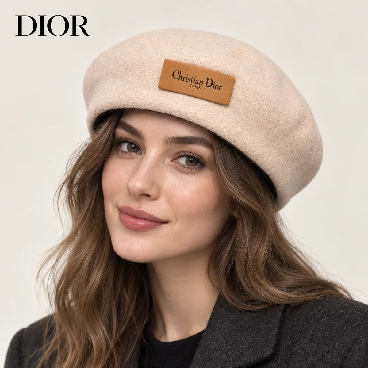 Dior hat worn by a female model, showing the hat shape and detailing.