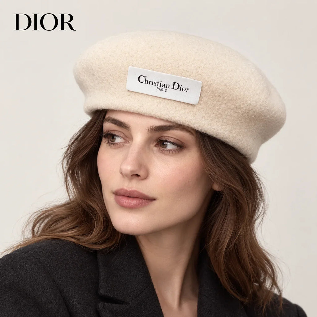 Dior hat worn by a female model, showing the hat shape and detailing.