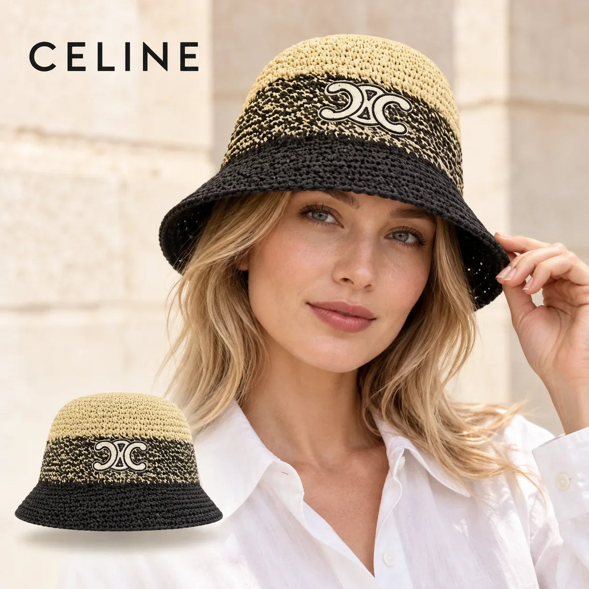 CELINE bucket hat worn by a female model, with product detail inset.
