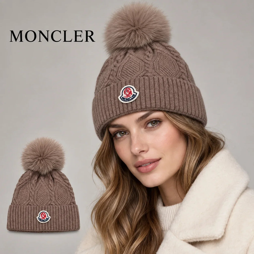 Moncler beanie worn by an adult female model, with product detail inset.