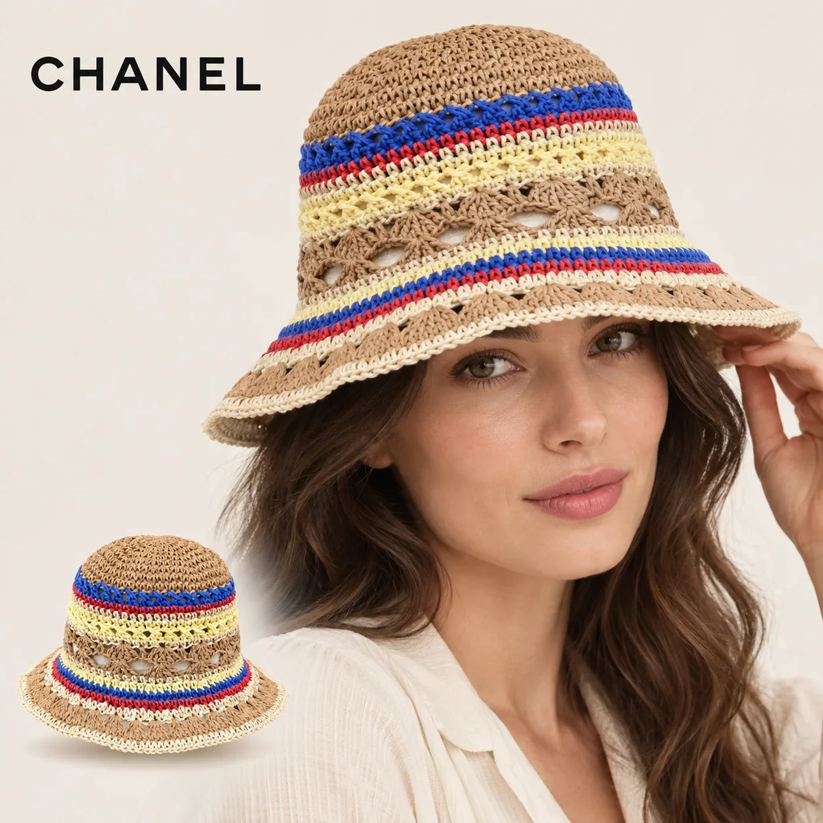 CHANEL bucket hat worn by a female model, with product detail inset.