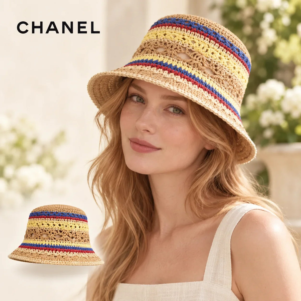 CHANEL bucket hat worn by a female model, with product detail inset.