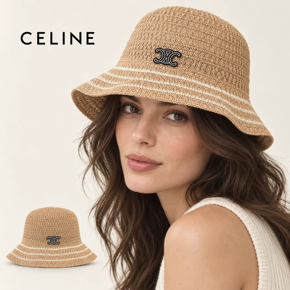 CELINE bucket hat worn by a female model, with product detail inset.