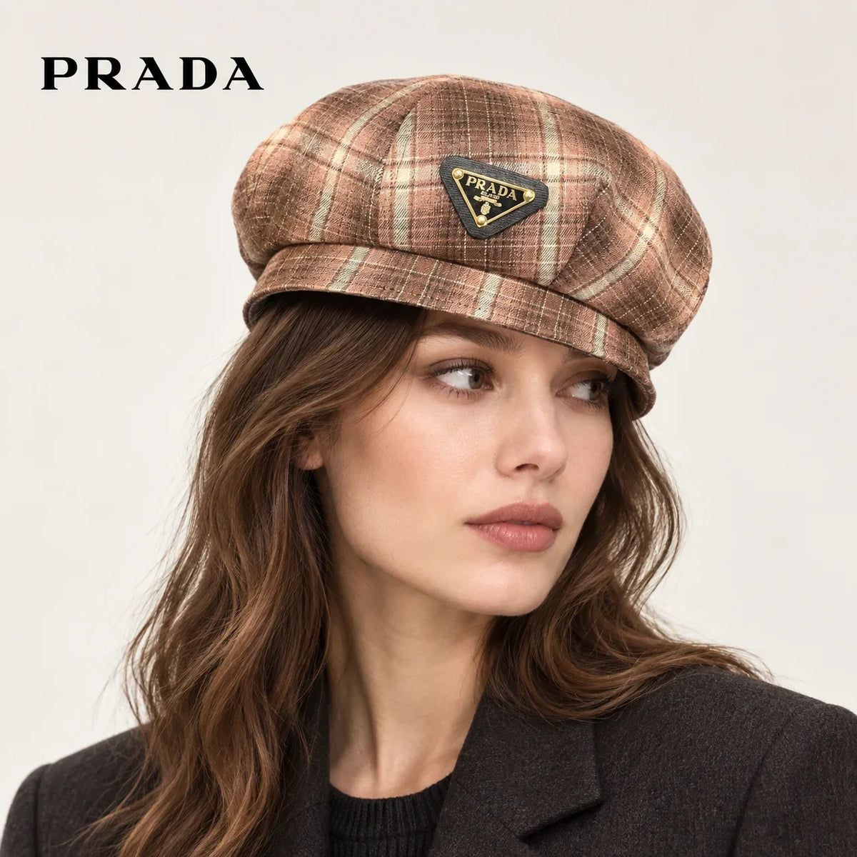 Prada hat worn by a female model, showing the hat shape and detailing.