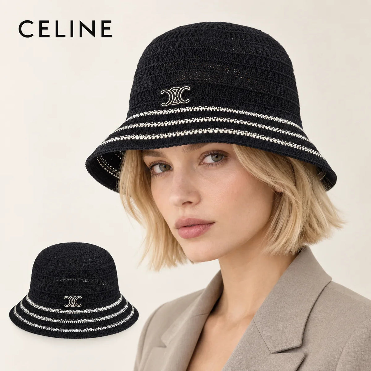 CELINE bucket hat worn by a female model, with product detail inset.