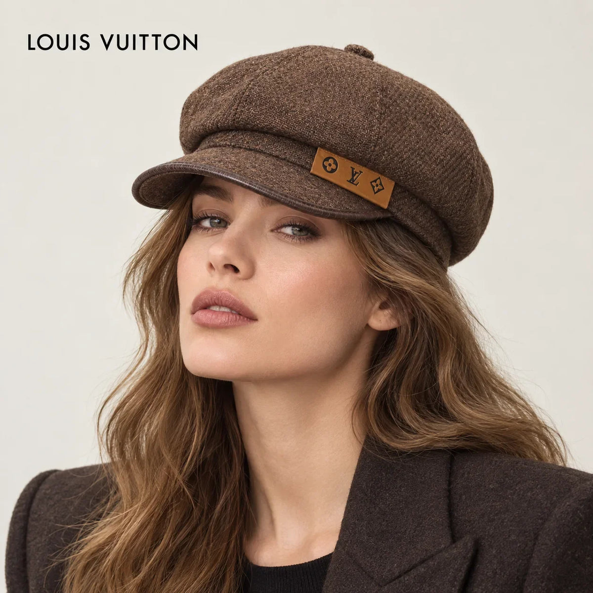 Louis Vuitton hat worn by a female model, showing the hat shape and detailing.
