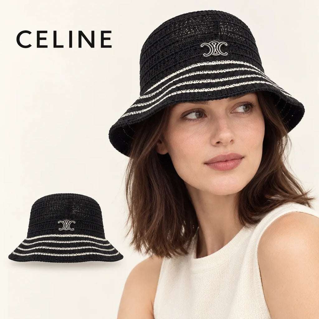 CELINE bucket hat worn by a female model, with product detail inset.