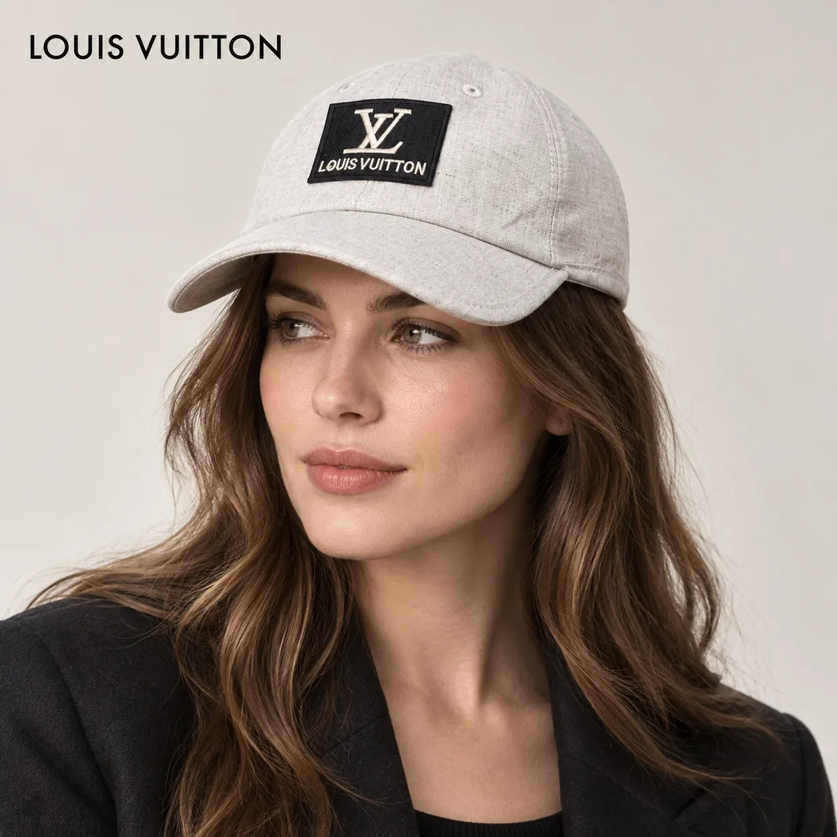Louis Vuitton hat worn by a female model, showing the hat shape and detailing.