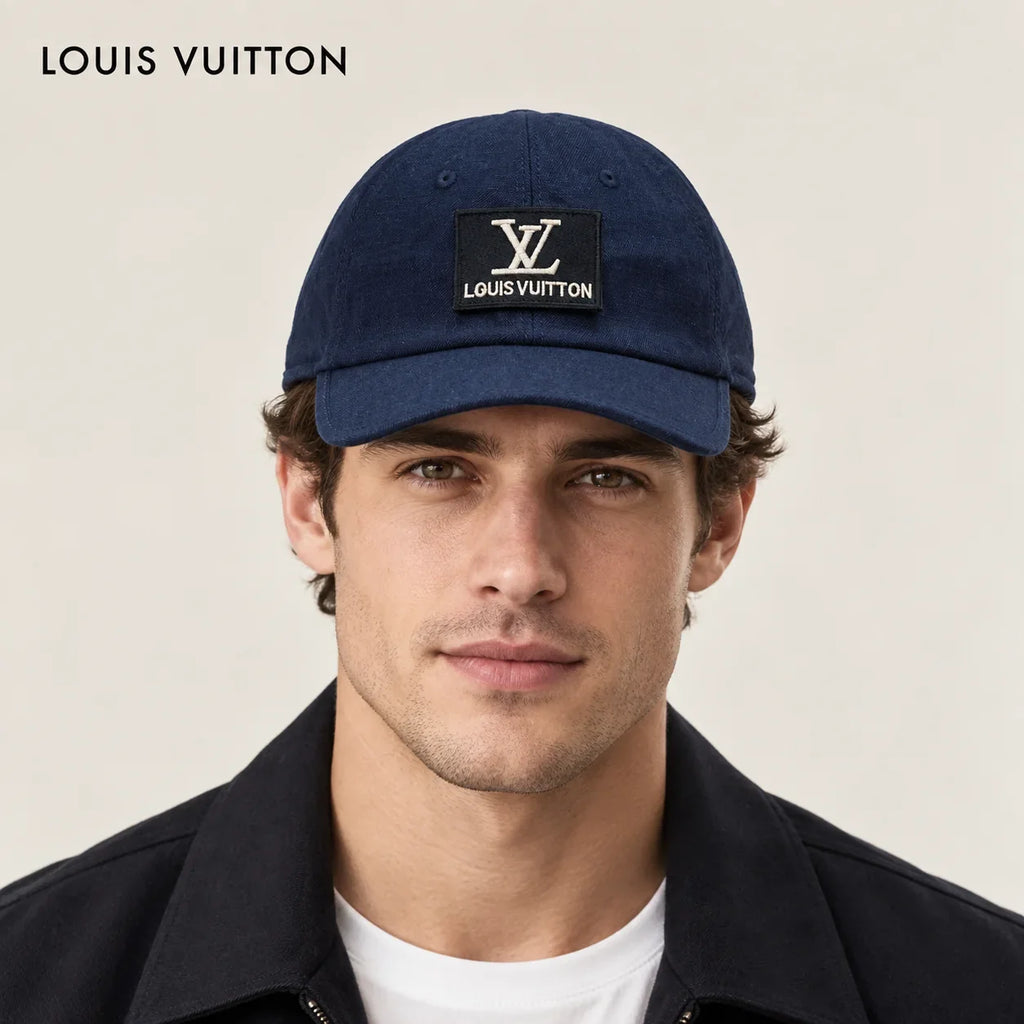 Louis Vuitton hat worn by a male model, showing the hat shape and detailing.