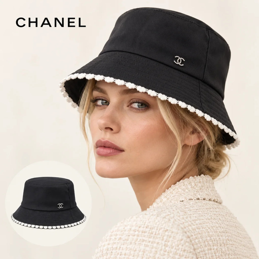 CHANEL bucket hat worn by a female model, with product detail inset.