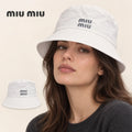 miu miu bucket hat worn by a female model, with product detail inset.