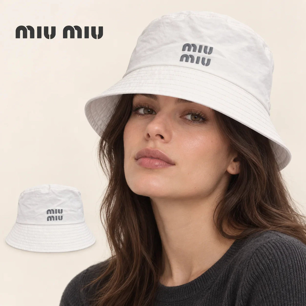 miu miu bucket hat worn by a female model, with product detail inset.