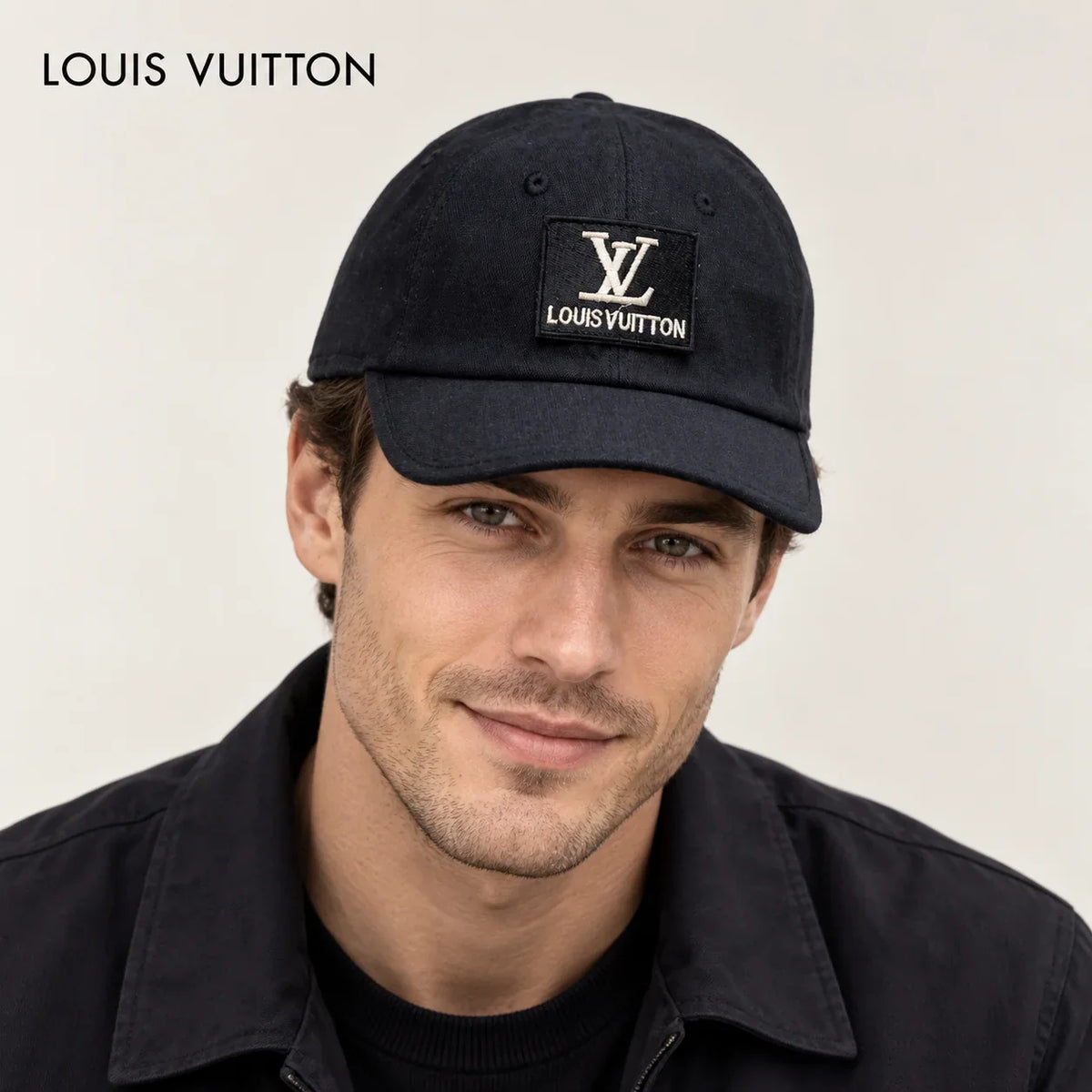 Louis Vuitton hat worn by a male model, showing the hat shape and detailing.