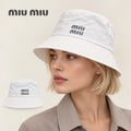 miu miu bucket hat worn by a female model, with product detail inset.