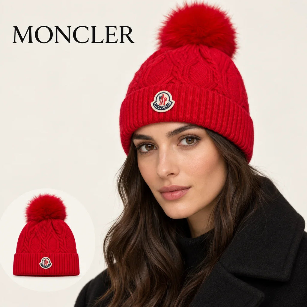Moncler beanie worn by an adult female model, with product detail inset.