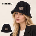 miu miu bucket hat worn by a female model, with product detail inset.