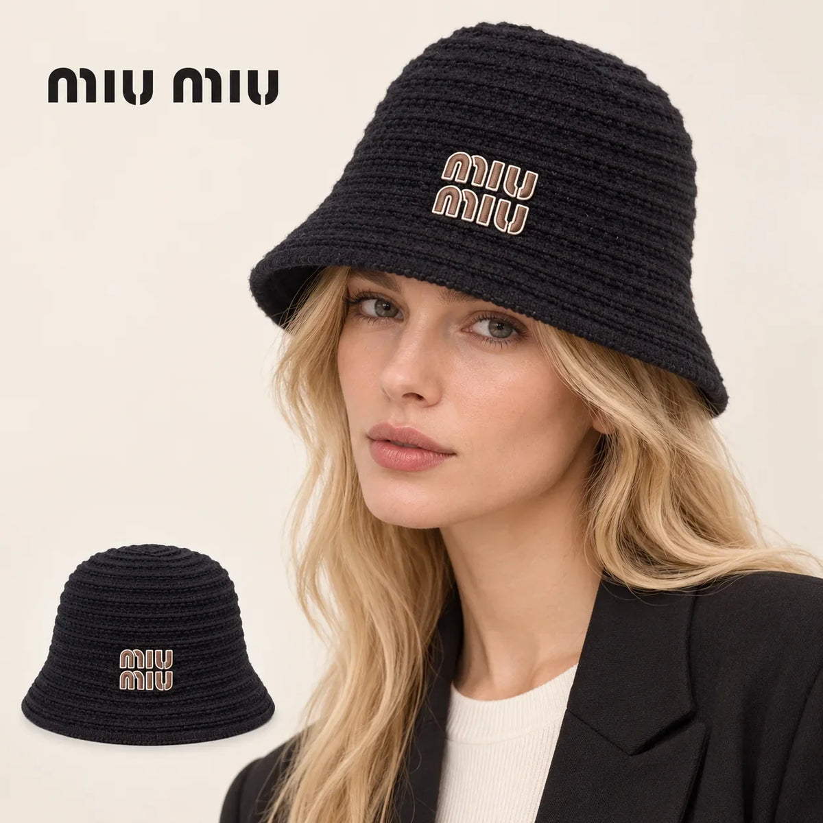 miu miu bucket hat worn by a female model, with product detail inset.