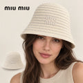 miu miu bucket hat worn by a female model, with product detail inset.