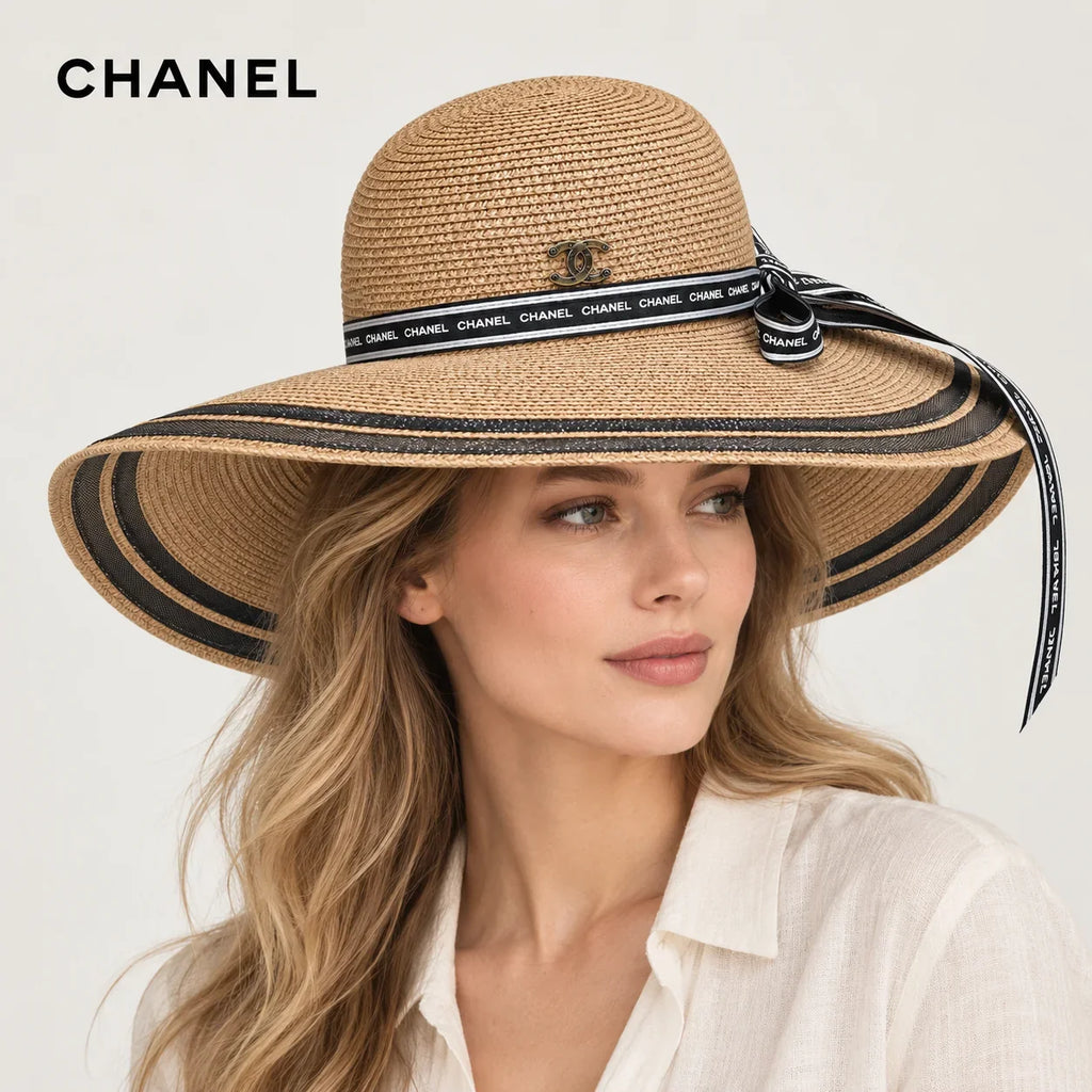 Chanel hat worn by a female model, showing the hat shape and detailing.