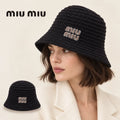 miu miu bucket hat worn by a female model, with product detail inset.
