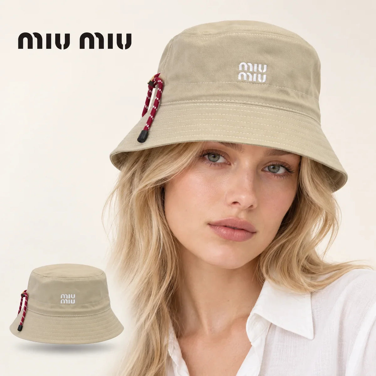 miu miu bucket hat worn by a female model, with product detail inset.