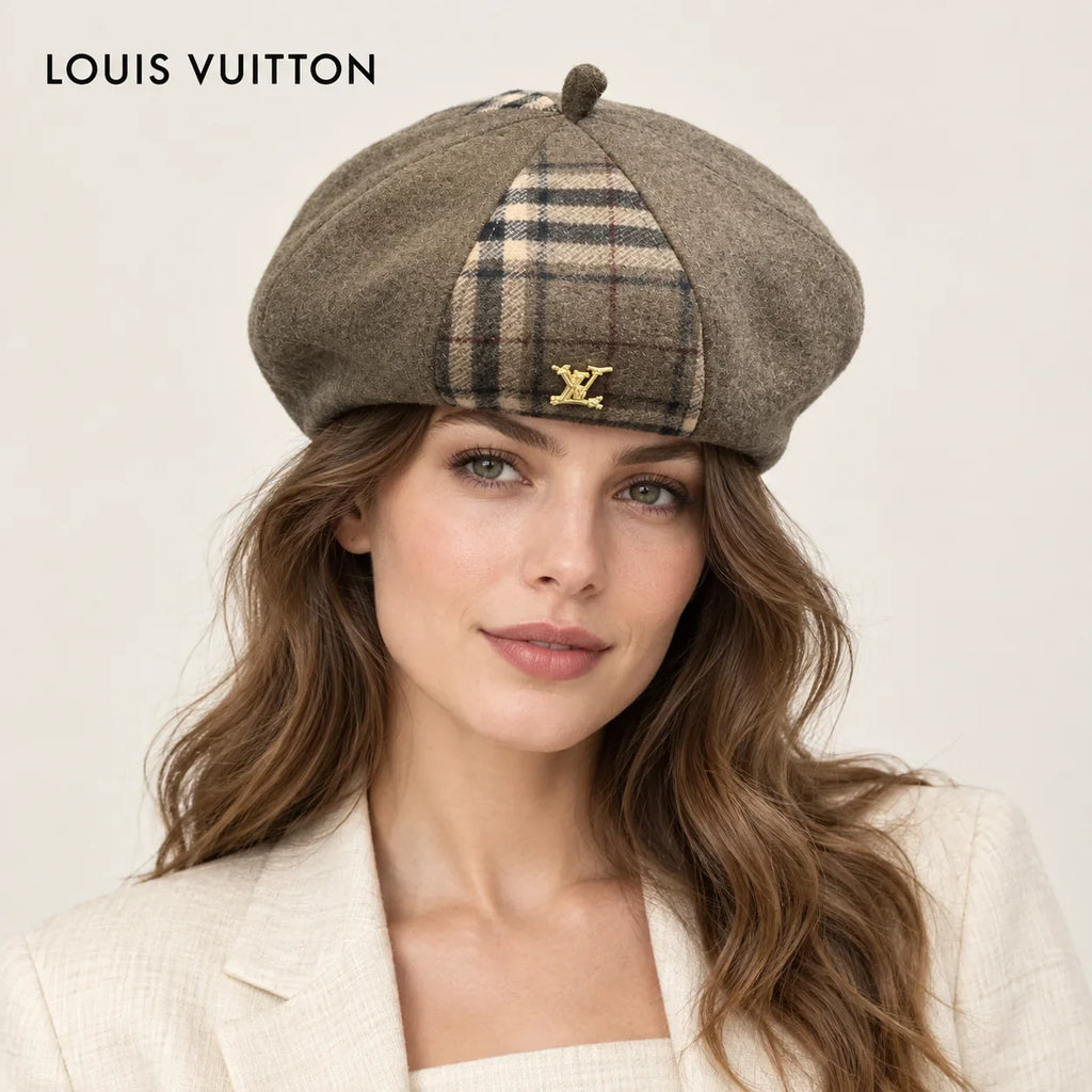 Louis Vuitton hat worn by a female model, showing the hat shape and detailing.