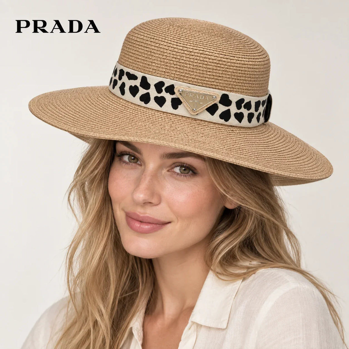 Prada hat worn by a female model, showing the hat shape and detailing.
