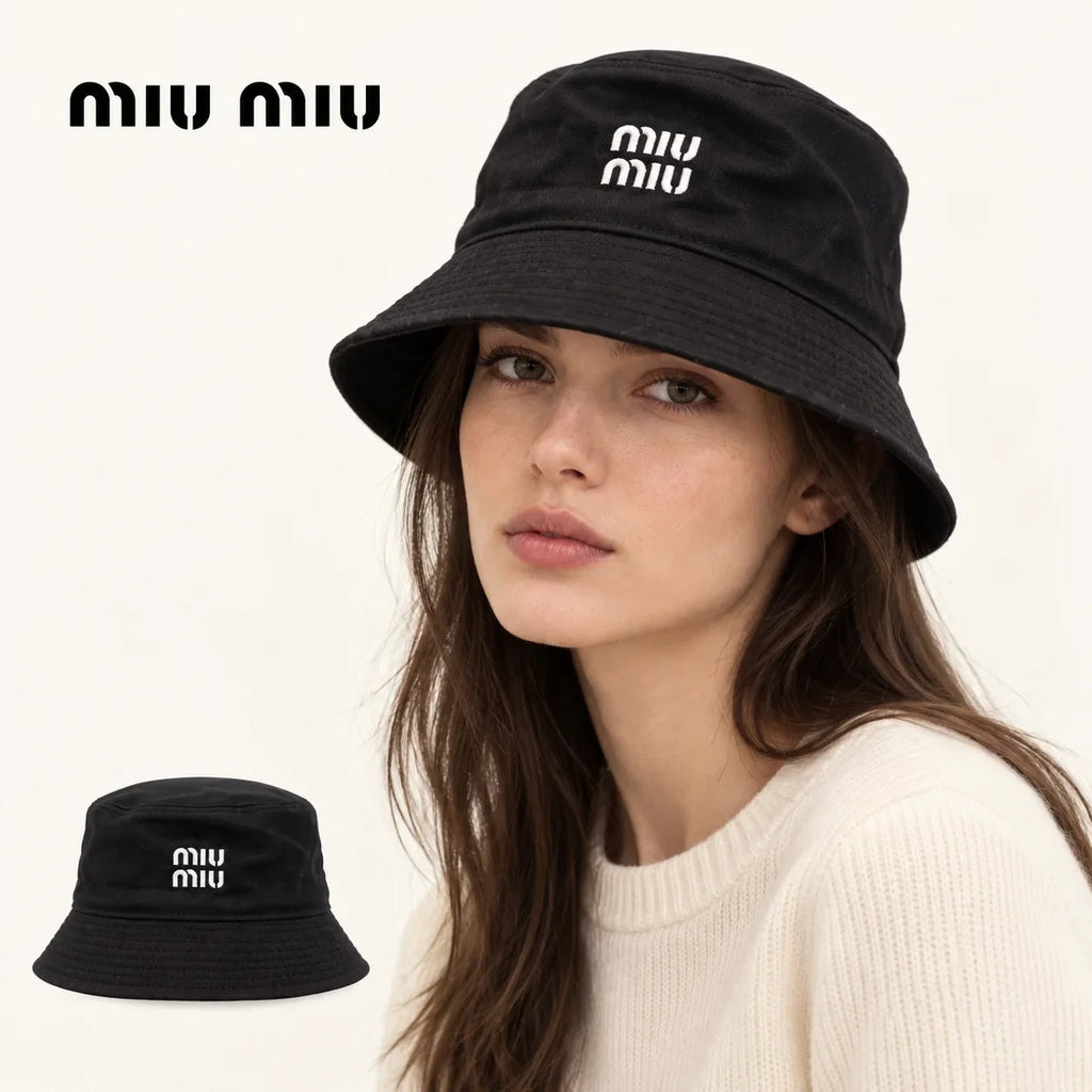 miu miu bucket hat worn by a female model, with product detail inset.