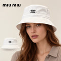 miu miu bucket hat worn by a female model, with product detail inset.