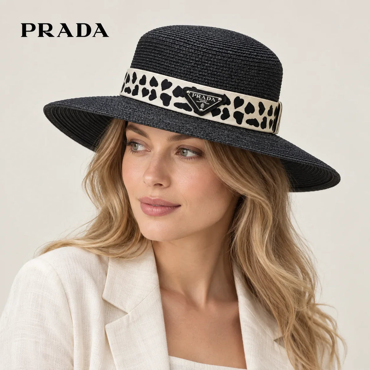 Prada hat worn by a female model, showing the hat shape and detailing.