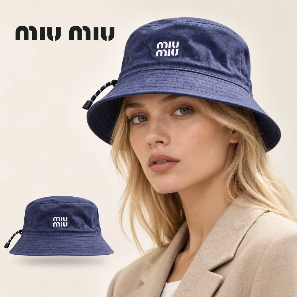 miu miu bucket hat worn by a female model, with product detail inset.