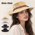 miu miu wide-brim hat worn by a female model, with product detail inset.
