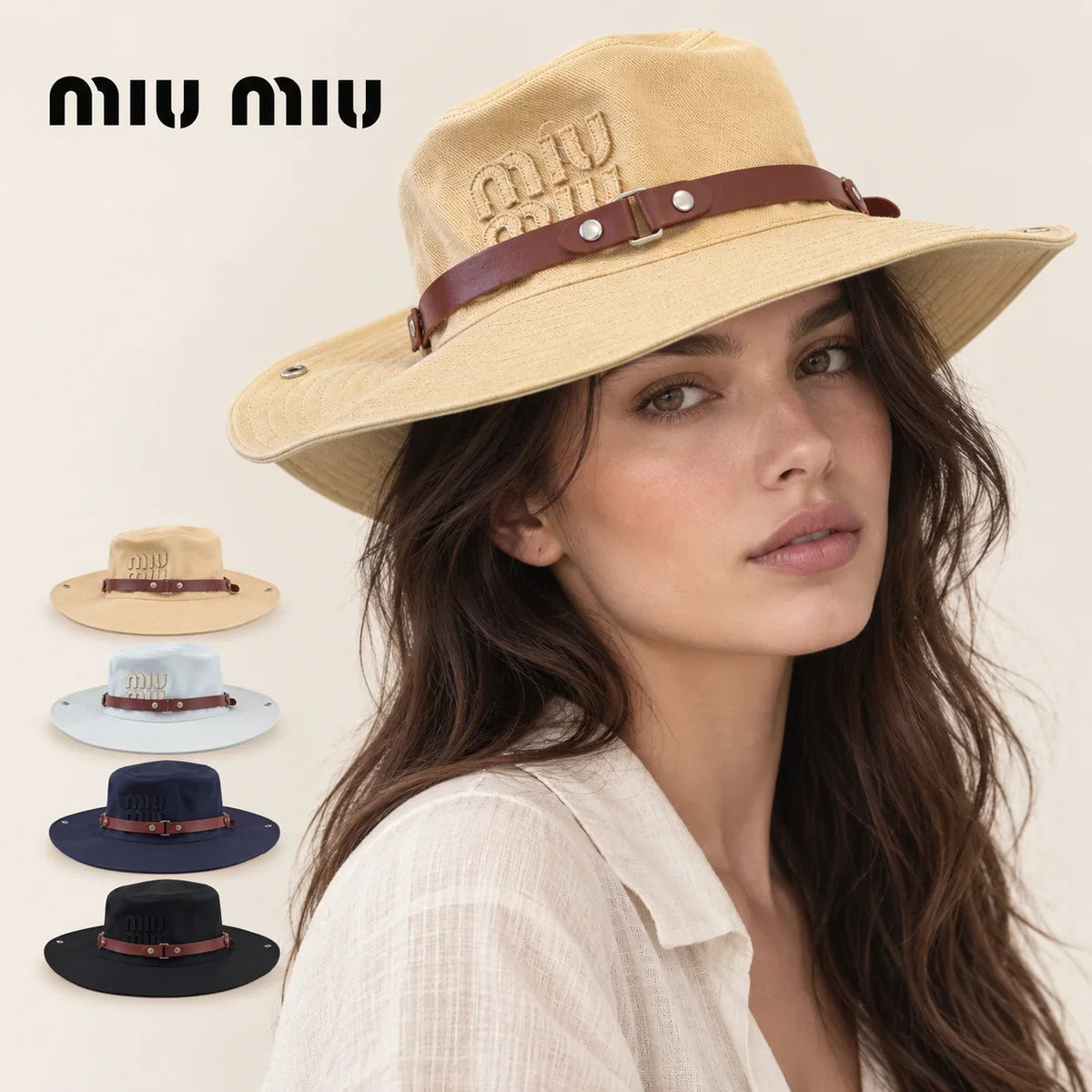 miu miu wide-brim hat worn by a female model, with product detail inset.