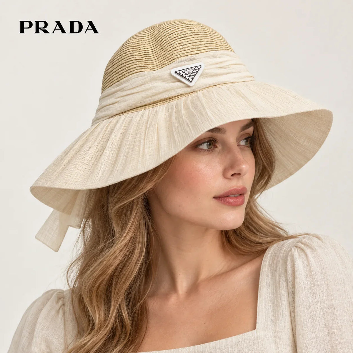 Prada hat worn by a female model, showing the hat shape and detailing.