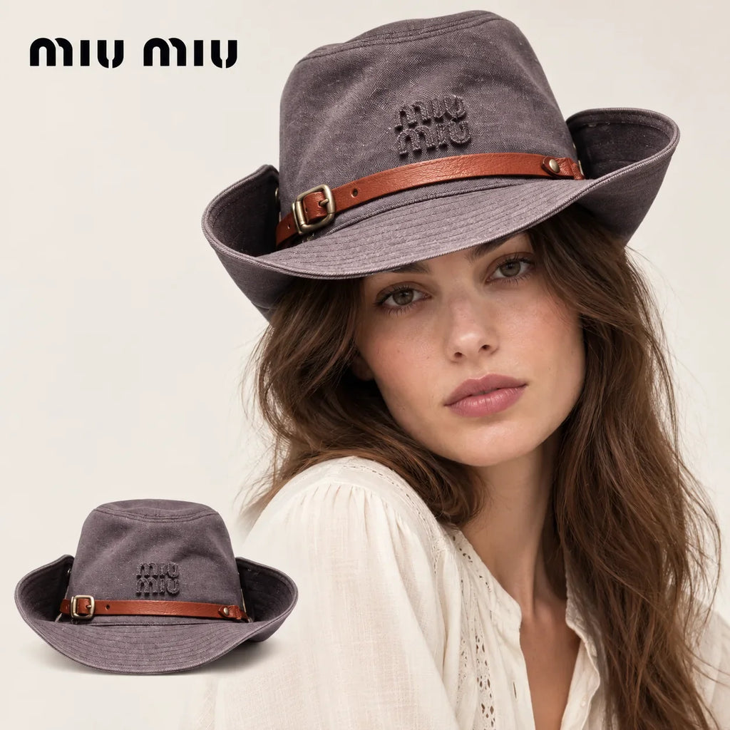 miu miu wide-brim hat worn by a female model, with product detail inset.