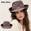 miu miu wide-brim hat worn by a female model, with product detail inset.