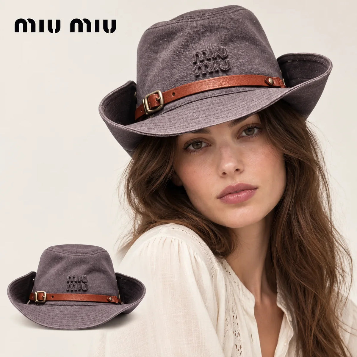 miu miu wide-brim hat worn by a female model, with product detail inset.