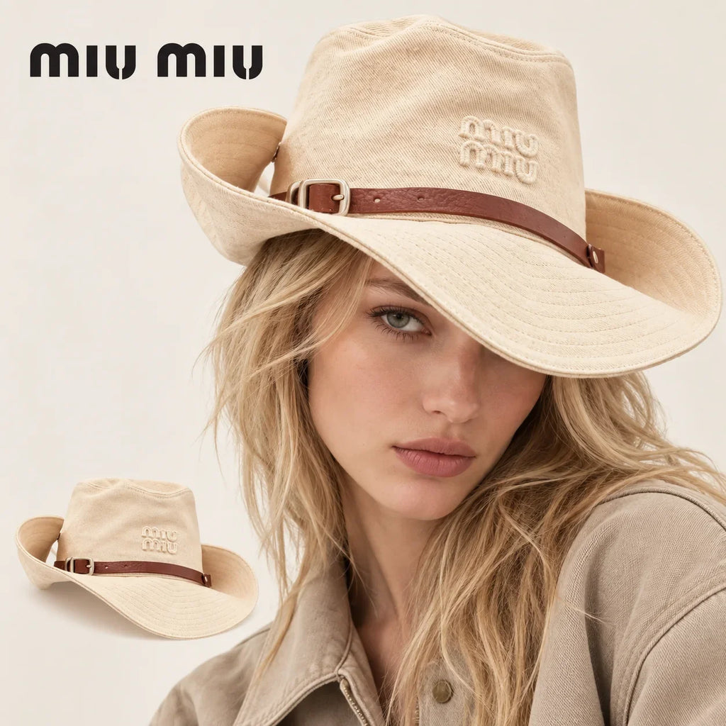 miu miu wide-brim hat worn by a female model, with product detail inset.