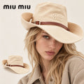 miu miu wide-brim hat worn by a female model, with product detail inset.
