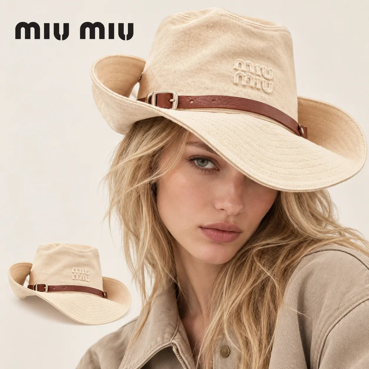 miu miu wide-brim hat worn by a female model, with product detail inset.