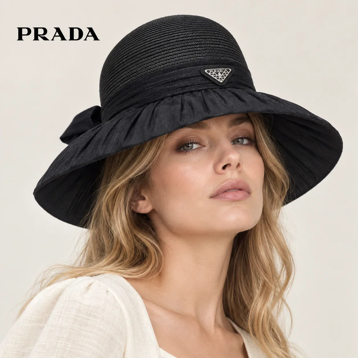 Prada hat worn by a female model, showing the hat shape and detailing.