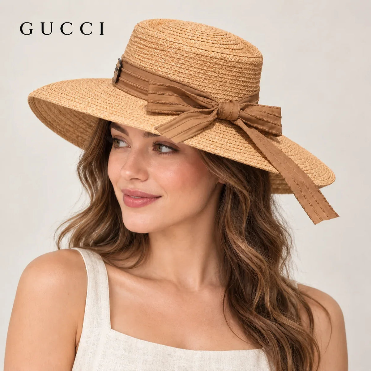 Gucci hat worn by a female model, showing the hat shape and detailing.