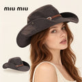 miu miu wide-brim hat worn by a female model, with product detail inset.