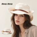 miu miu wide-brim hat worn by a female model, with product detail inset.