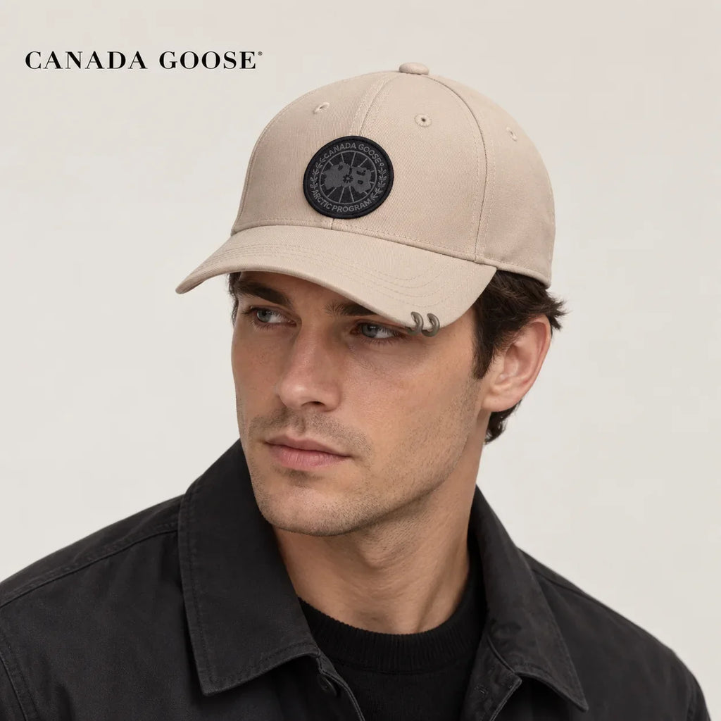 Canada Goose hat worn by a male model, showing the hat shape and detailing.