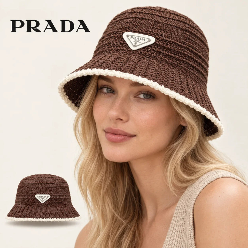 PRADA bucket hat worn by a female model, with product detail inset.