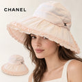 CHANEL wide-brim hat worn by a female model, with product detail inset.